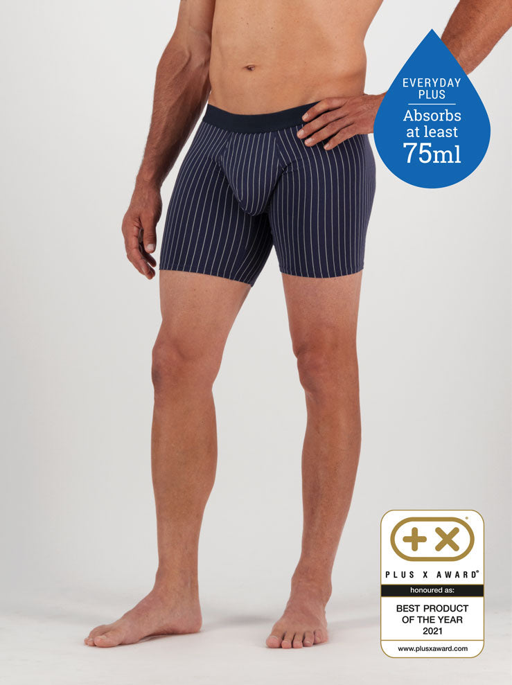 Confitex for Men leakproof long trunks for moderate bladder leakage in navy blue with a grey pinstripe