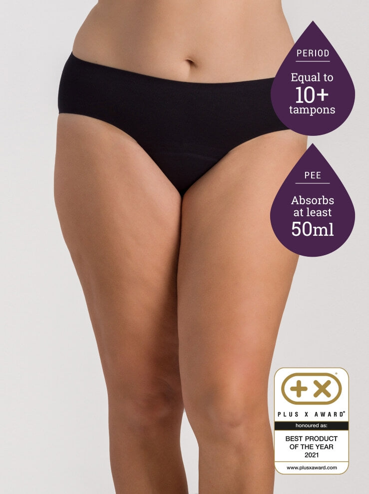 Just’nCase black cotton midi briefs for heavy periods and moderate bladder leaks