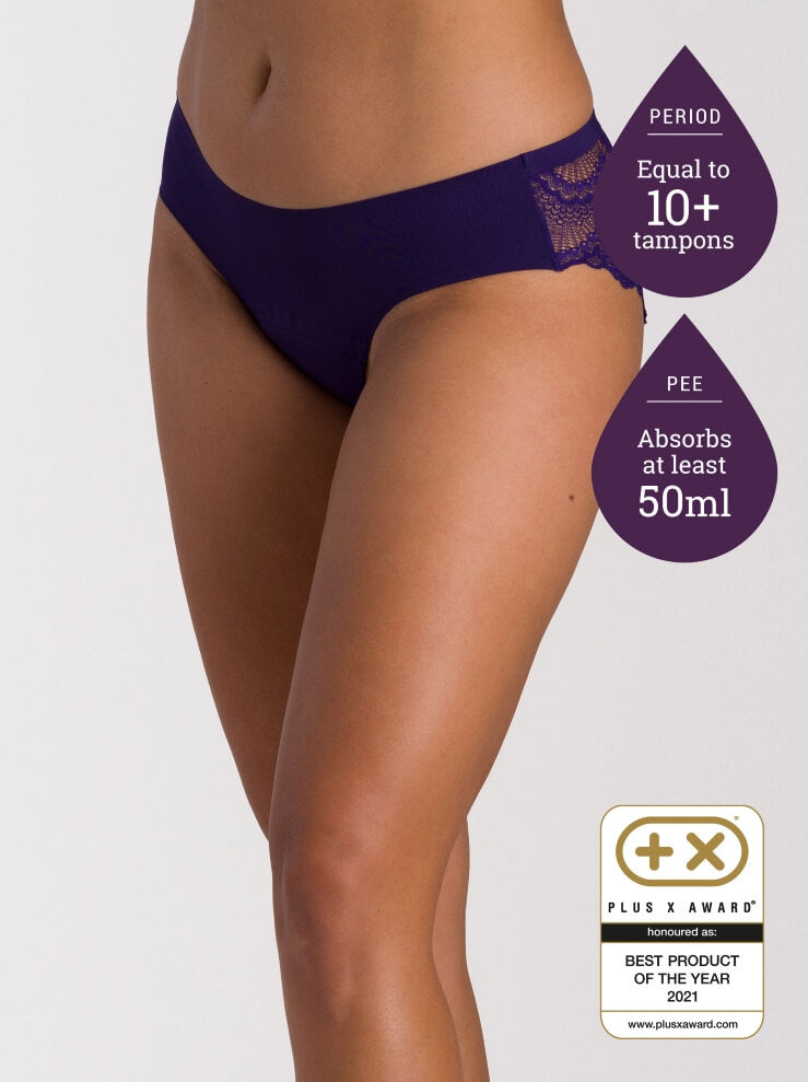 Just’nCase indigo lace midi absorbent underwear for heavy periods and moderate leaks